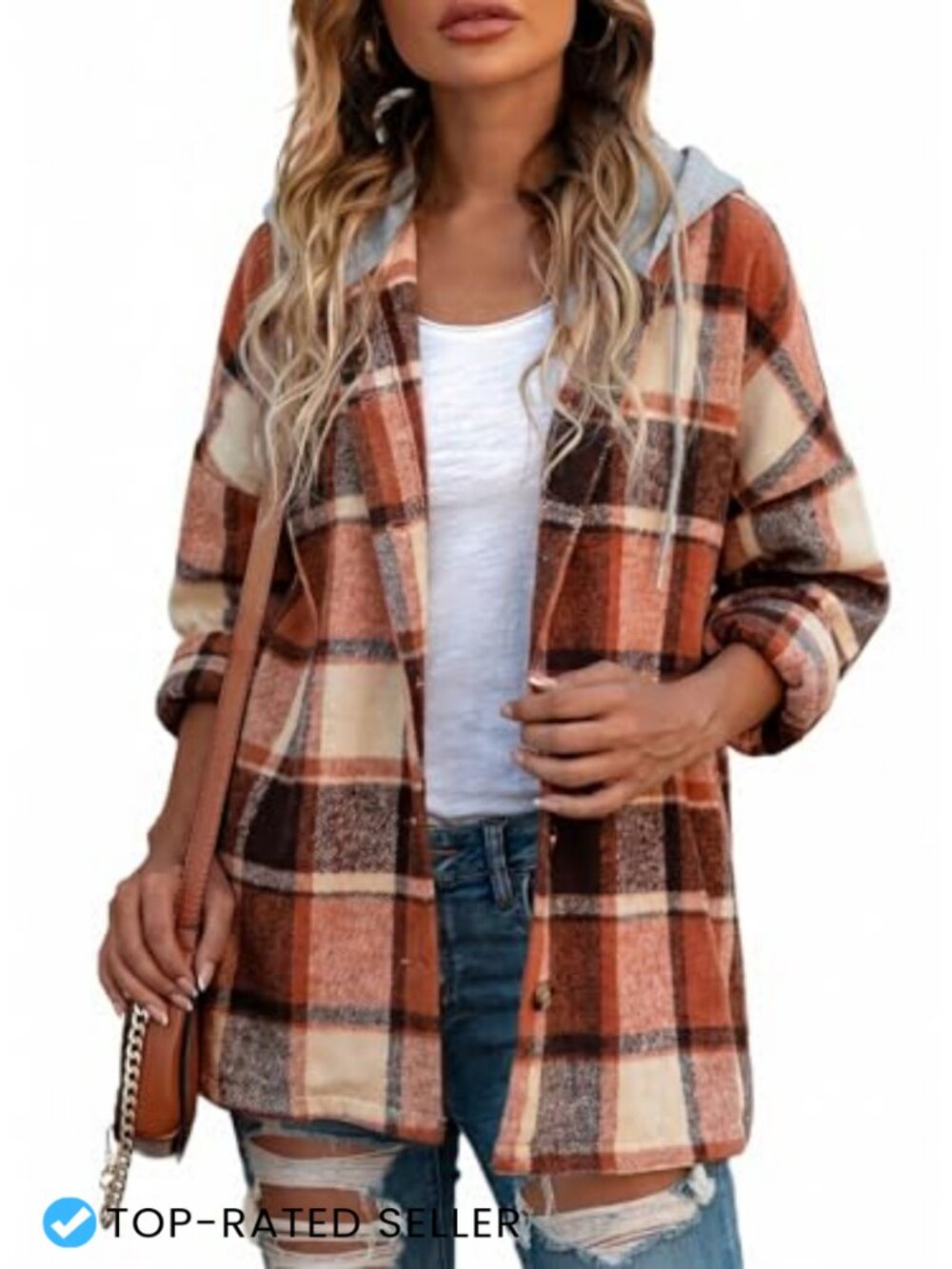 Hooded Flannel Plaid Button Down Shacket Jacket Long Sleeve Loose Fit